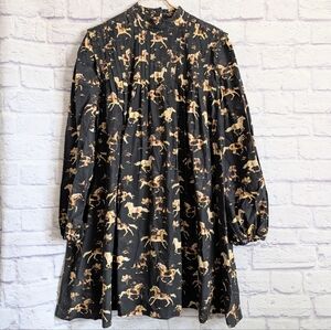 Ganni Horse Print Weston Mini Dress 42 10/12 Black Brown Western Pintuck Cotton